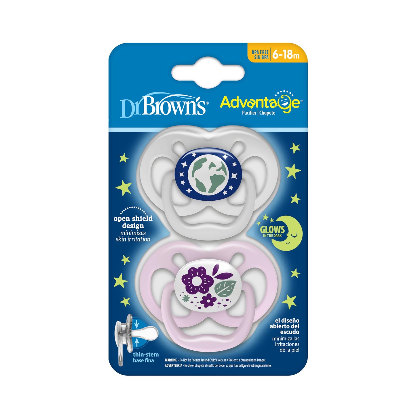Chupetes Dr. Brown's Advantage Glow-in-The-Dark Rosa, 2 Piezas, Etapa 2, 6-12 Meses