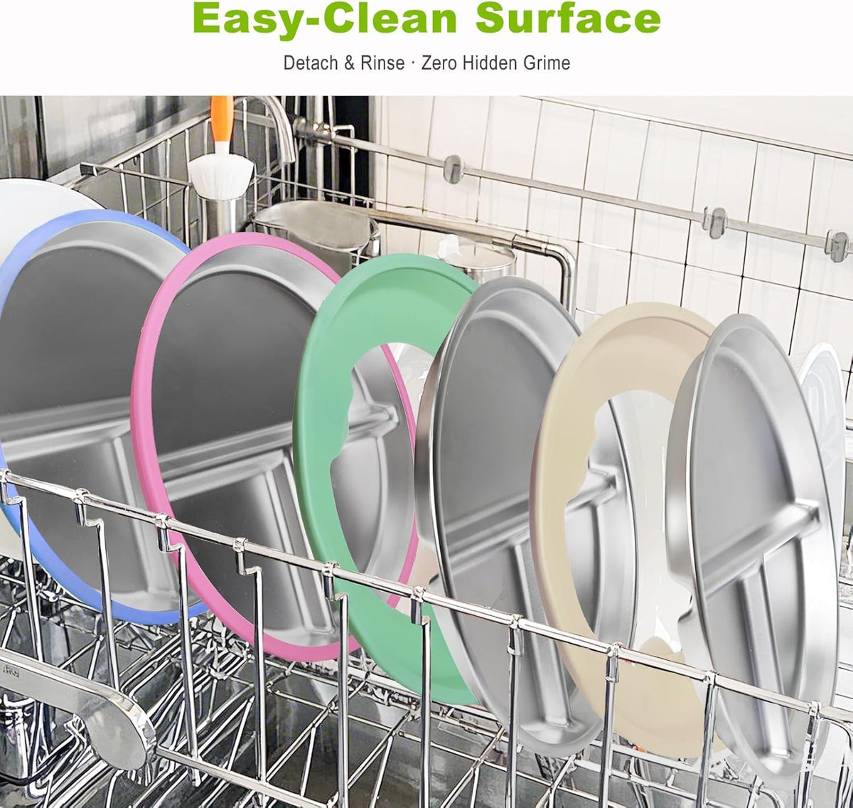 2 Plat de acero inoxidable con succión, platos divididos de 9 pulgadas con mangas de silicona extraíbles, Placas de acero inoxidable sin BPA (Azul y Rosa)