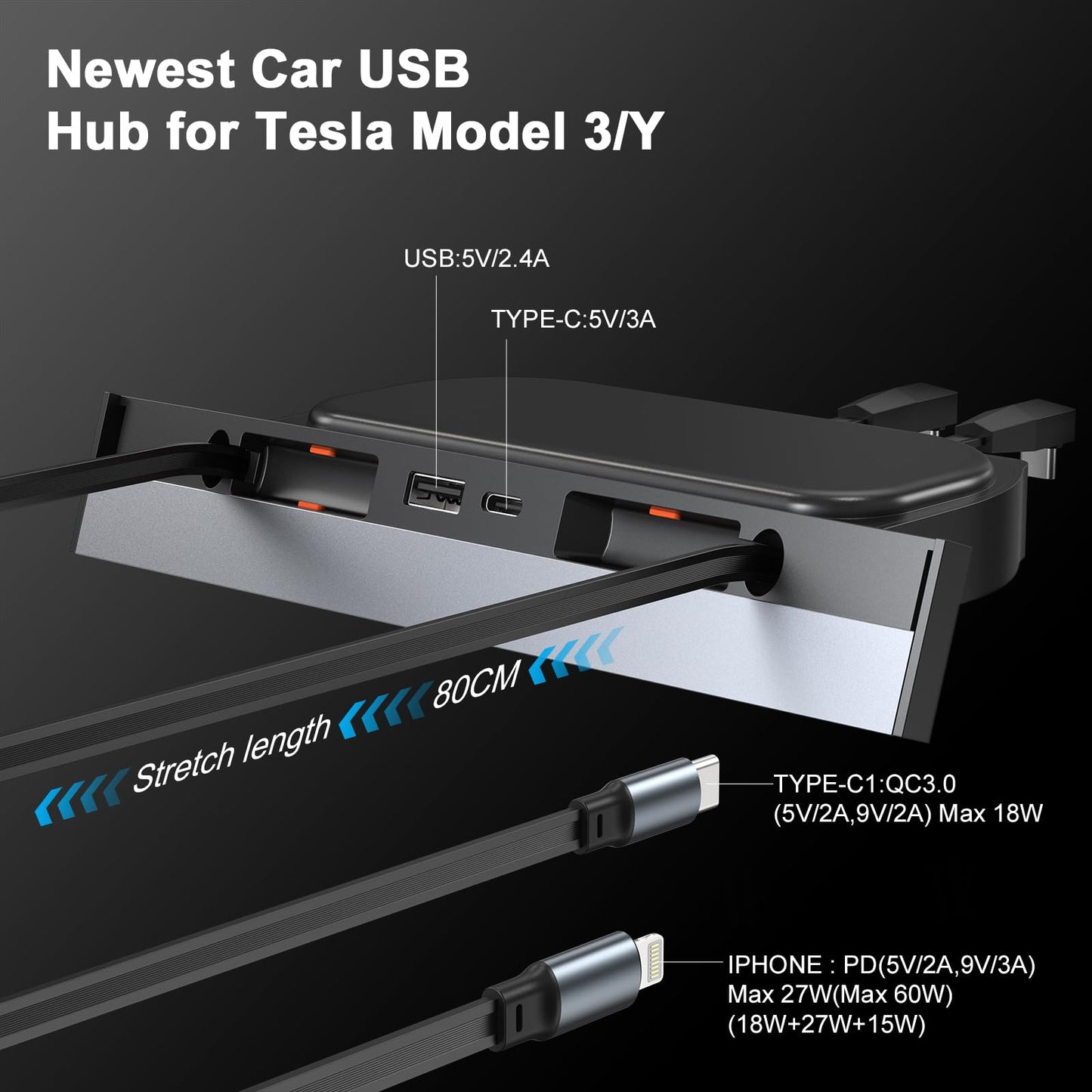 Hub USB para Tesla Modelo 3 Modelo Y impermeable, cargador rápido de teléfono para accesorios modelo Y/3 2024 2023 2022 2021 estación de acoplamiento retráctil multipuerto, consola central 100% (no