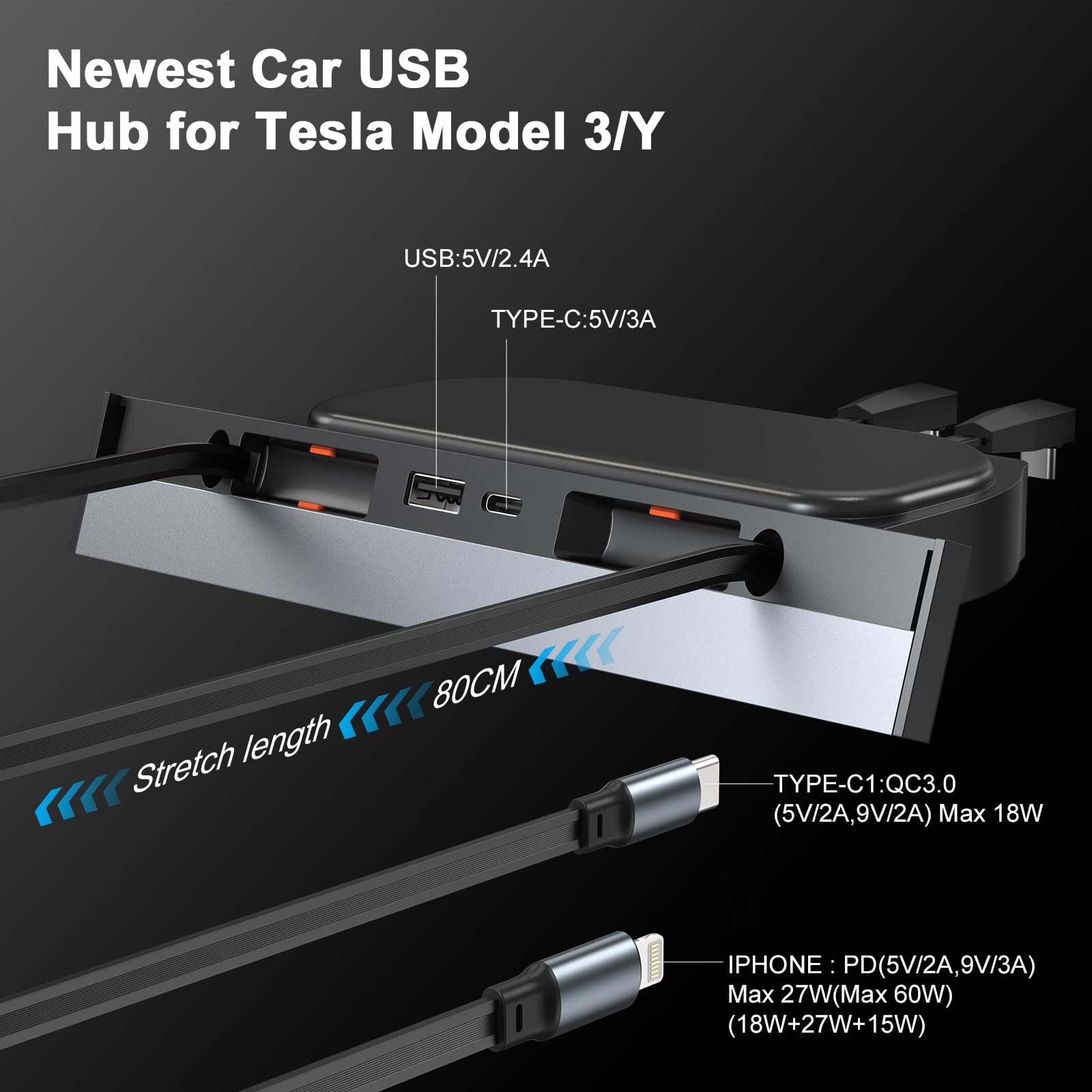 Hub USB para Tesla Modelo 3 Modelo Y impermeable, cargador rápido de teléfono para accesorios modelo Y/3 2024 2023 2022 2021 estación de acoplamiento retráctil multipuerto, consola central 100% (no