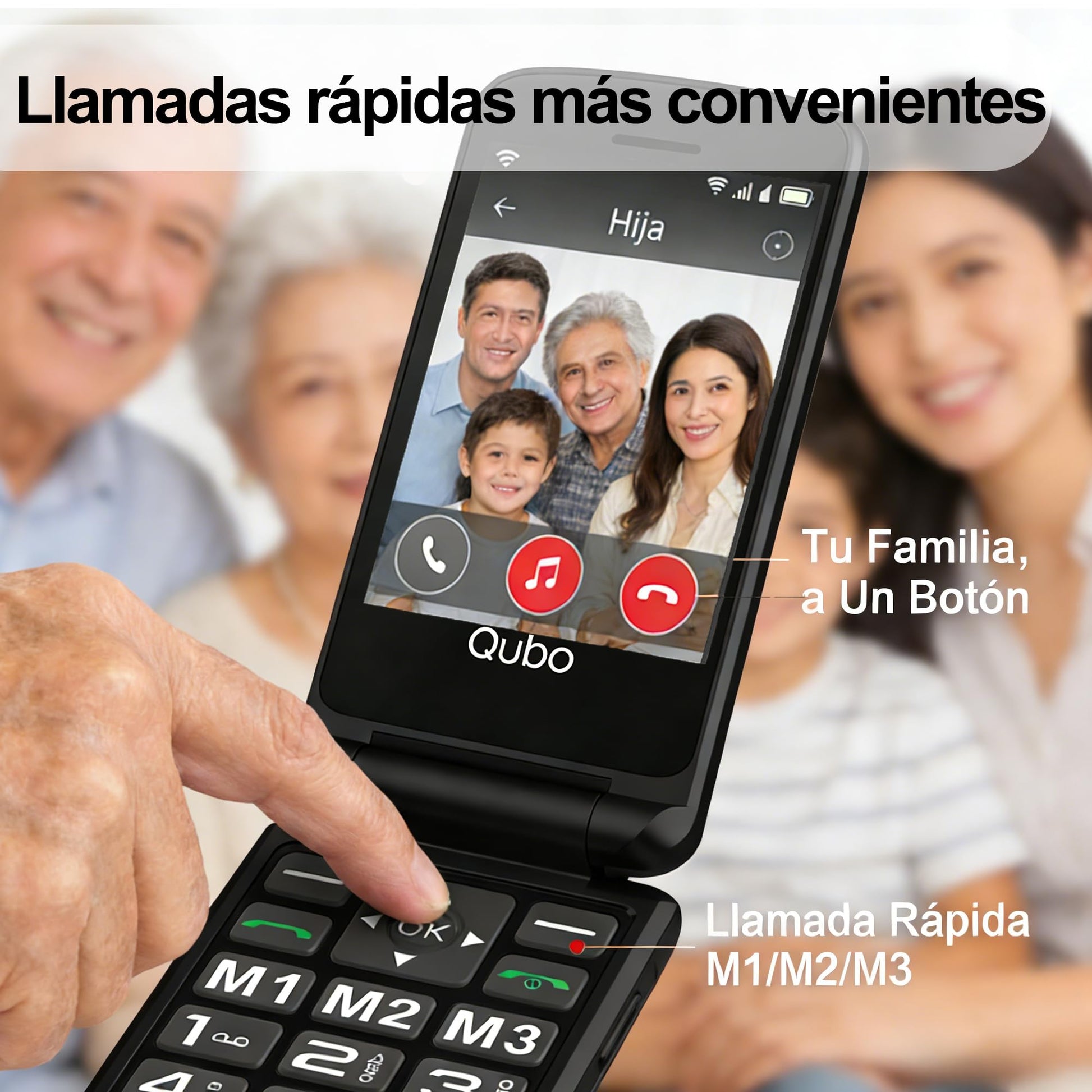 Qubo p210 Teléfono para Adultos Mayores 4G Desbloqueado | Pantalla 2.8” Grande | Teclas Grandes con Luz | Botón SOS | M1 M2 M3 | Plegable | Compatible con Chip 2G 3G 4G 5G