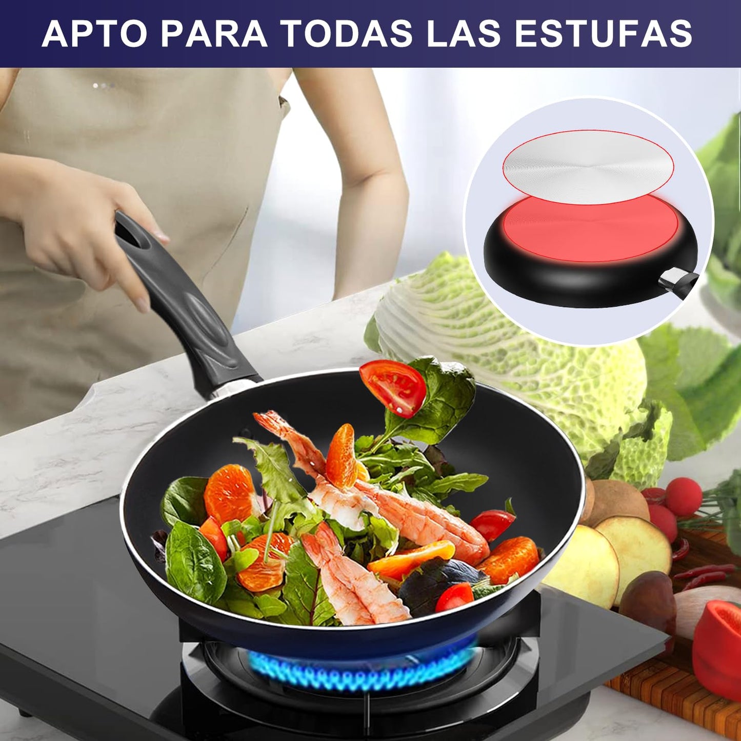 LINGLUCKY Sartenes Antiadherentes con Tapa,Bateria de Cocina, Juego de ollas y sarten 23 Piezas con Sartén, Cazos,Ollas,Cuchillos y Espátula,Juego de Utensilios de Cocina de Color,Negro
