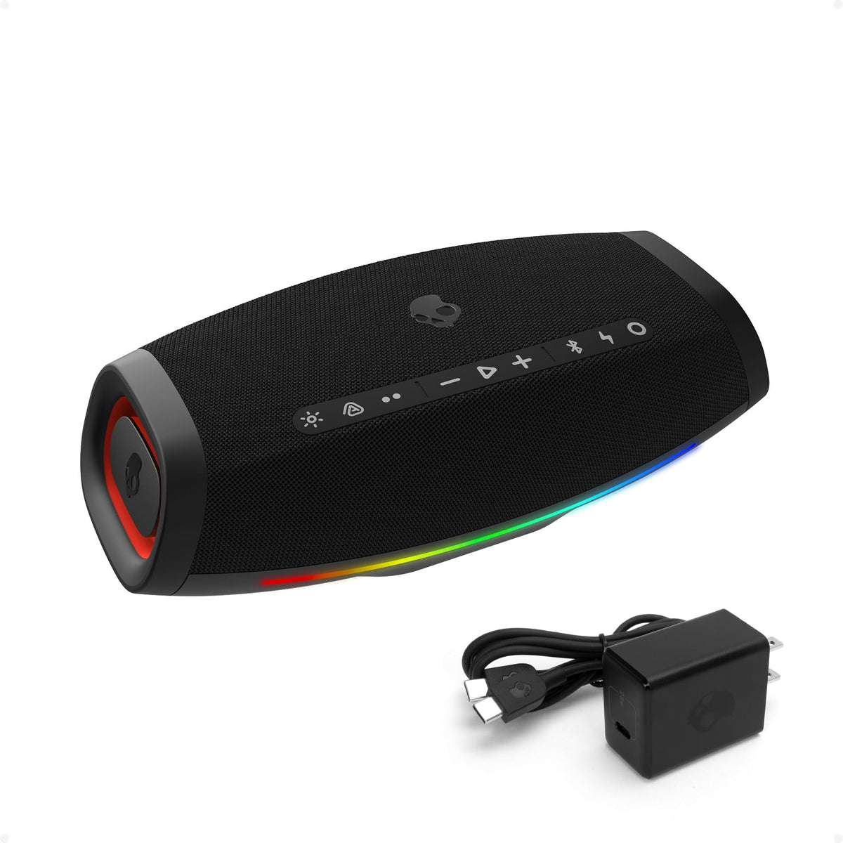 Altavoz Bluetooth Portátil Skullcandy Negro con Mosquetón y Correa Integrados, IPX7 Impermeable, Powerbank USB-C, Auracast Multi-Speaker Link y LED Lightshow