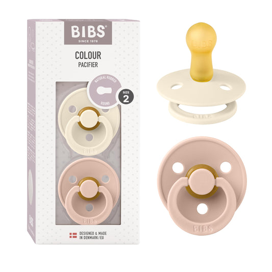 BIBS Colour Paquete de 2 chupetes. Libre de BPA, Tetina redonda. Látex natural, Talla 2 (6-18 meses),Blush/Ivory