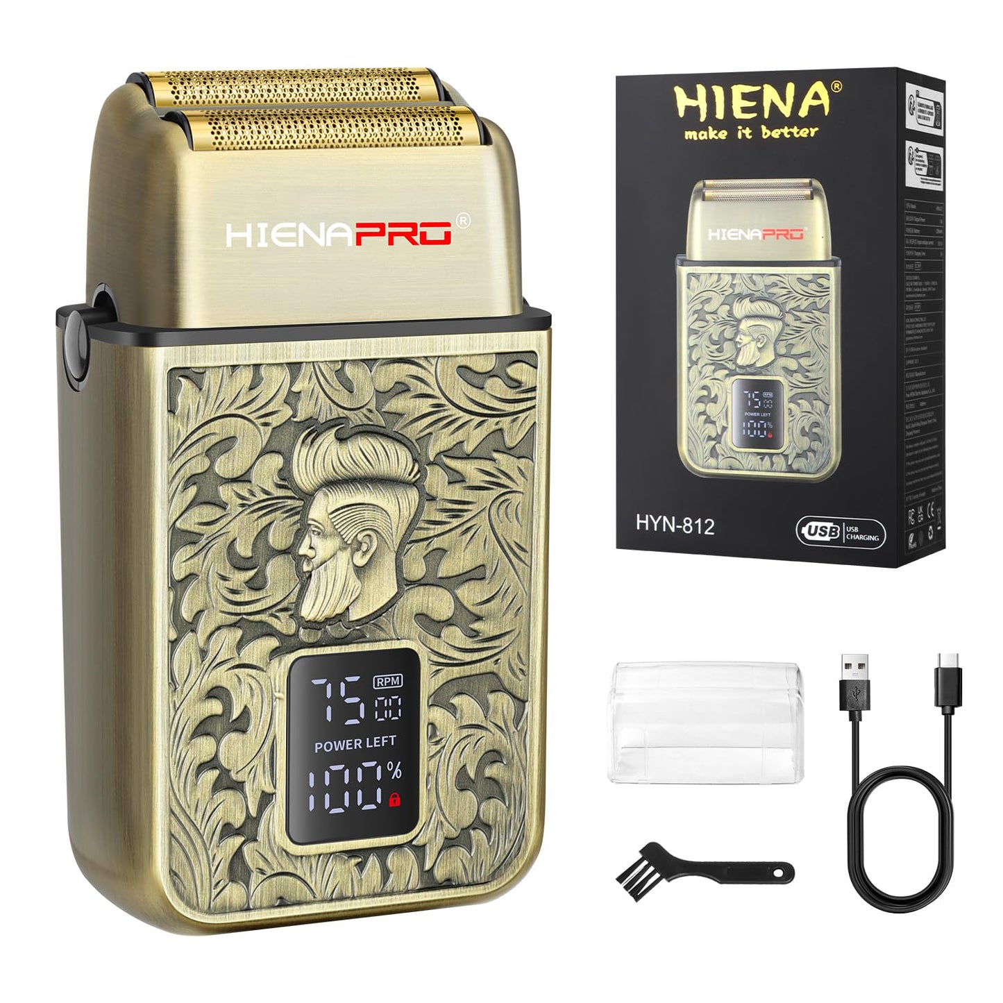 HIENA PRO - Maquinilla de afeitar eléctrica para hombres, máquina de afeitar de aluminio profesional sin cable y cabeza calva, afeitado de viaje, carga USB, pantalla LED, regalo perfecto para hombres