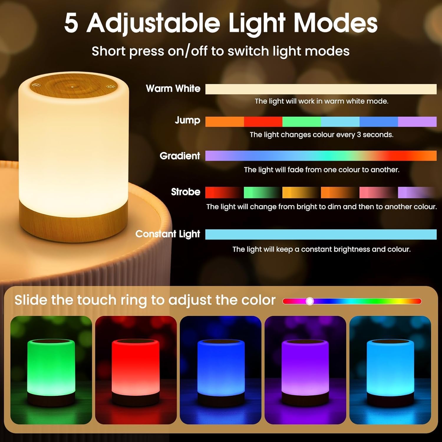 Lámpara de Noche, Sepper Lámpara de Mesita de Noche USB Recargable Regulable, 5 Niveles de Brillo 256 Colores RGB, Control Remoto y Control Tactil Lampara Ambiente Lámpara de Mesa para Decoración
