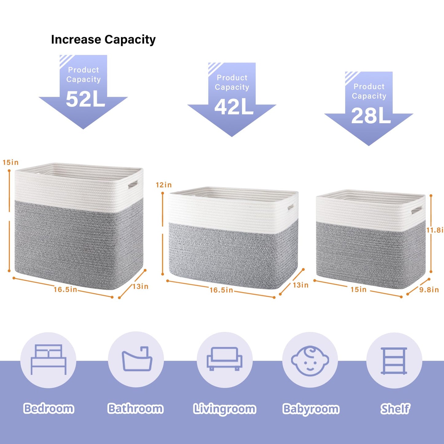 OIAHOMY - Cestas de almacenamiento para estante, cesta de almacenamiento de juguetes, contenedores de almacenamiento plegables, cesta de manta, sala de estar, almacenamiento de clóset para recámara