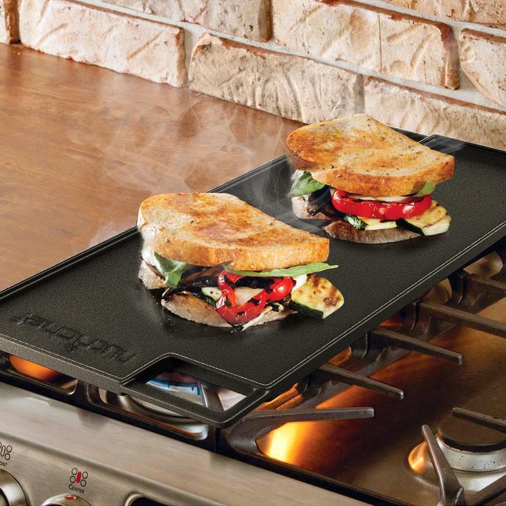 Plancha Reversible de Hierro Fundido NutriChef Roja para Cocina de Gas y Eléctrica con Guante de Silicona