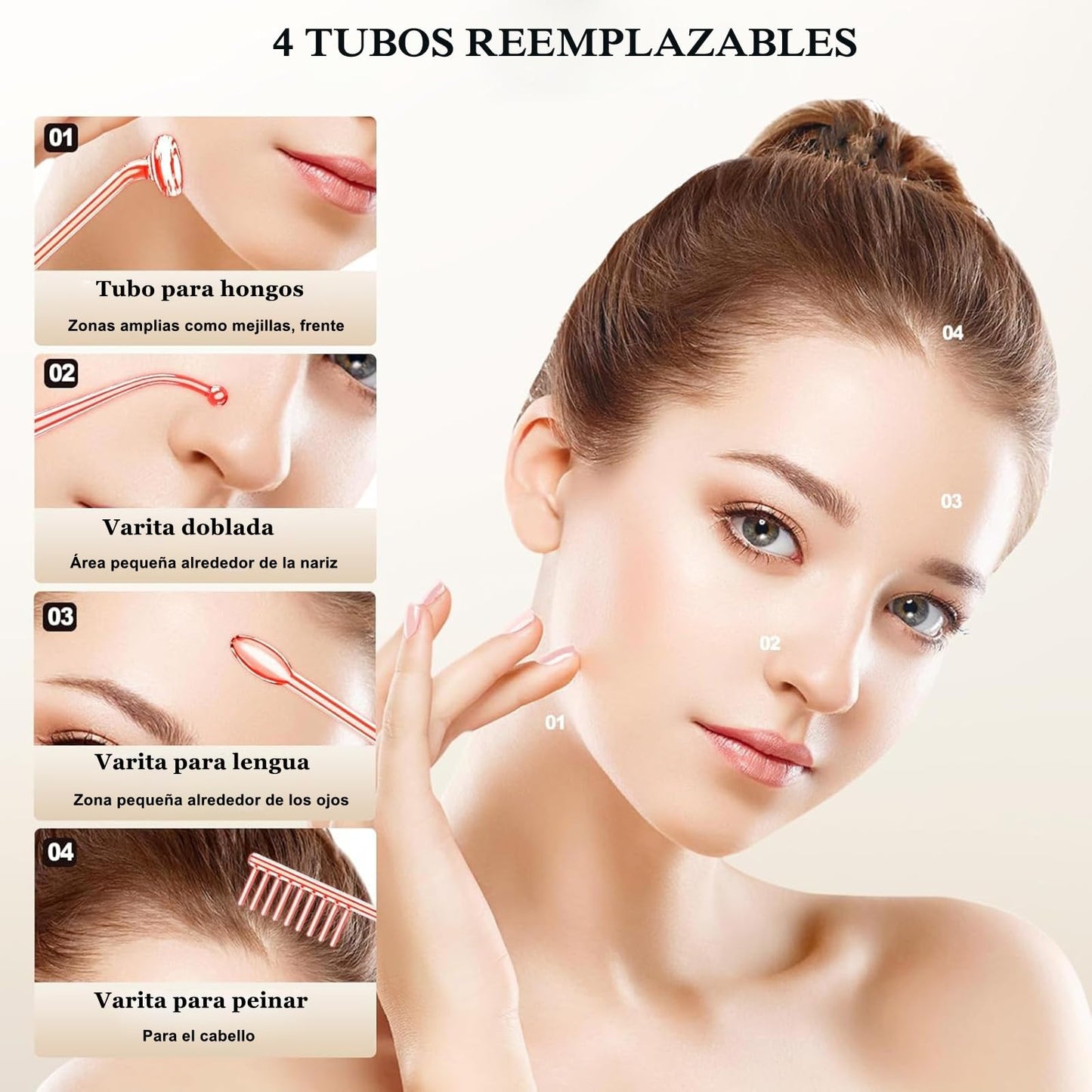 Alta Frecuencia Facial BLANCO con 4 Varitas de Neón para Tratamiento en Casa