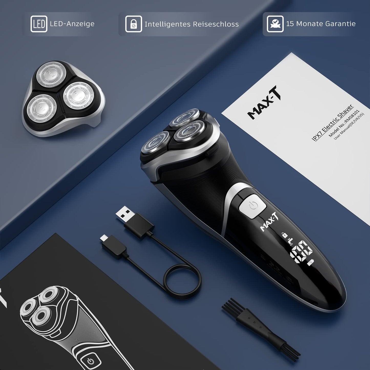 MAX-T Electric Shaver Quick Rechargeable Rotary Shaver with Pop Up Trimmer IPX7 100% Waterproof Wet & Dry Electric Razor
