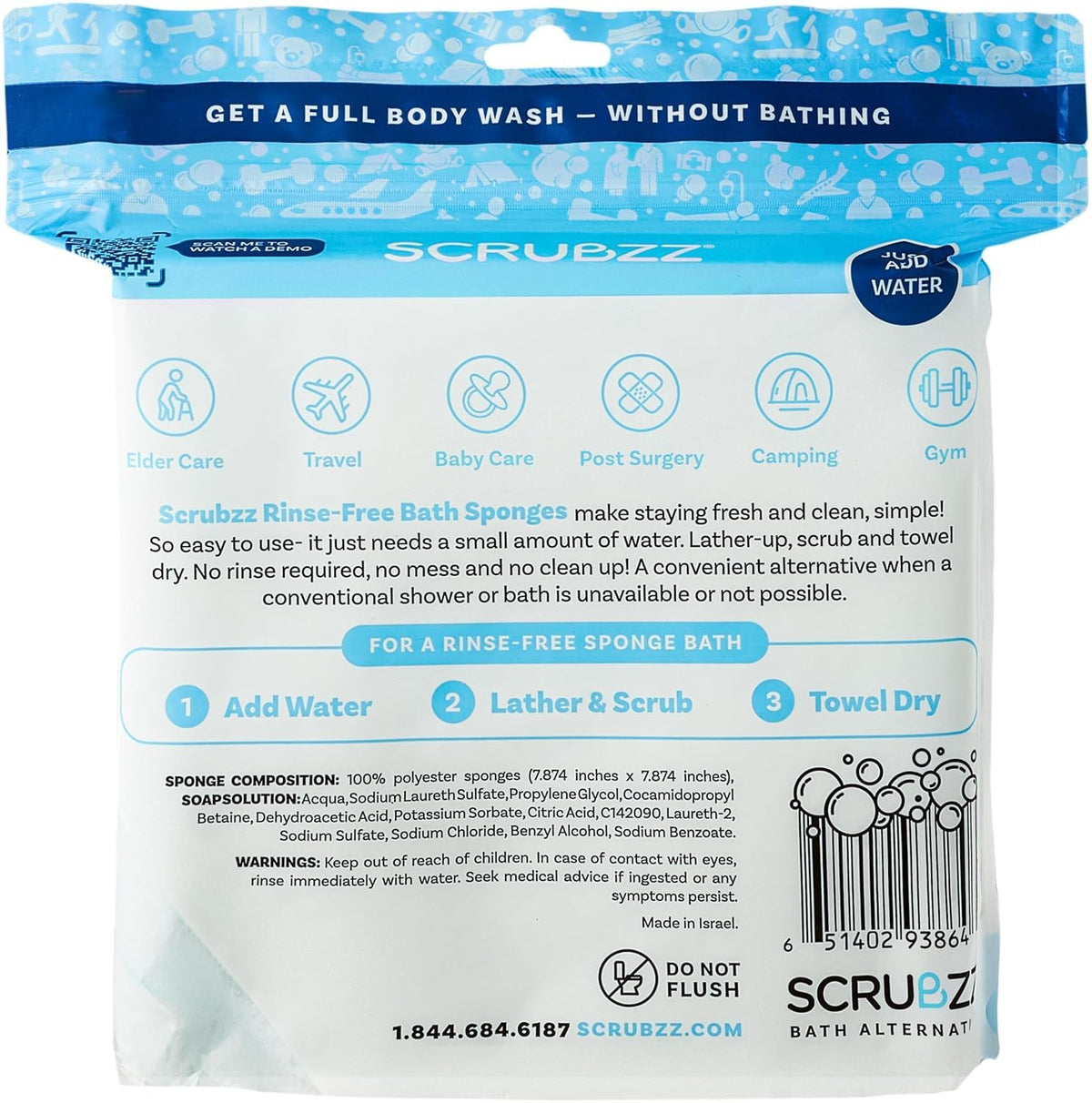 Scrubzz Toallitas de baño desechables sin enjuague, paquete de 25 – Toallitas de ducha todo en 1 de un solo uso, simplemente humedece, espuma y seca sin champú o enjuagar