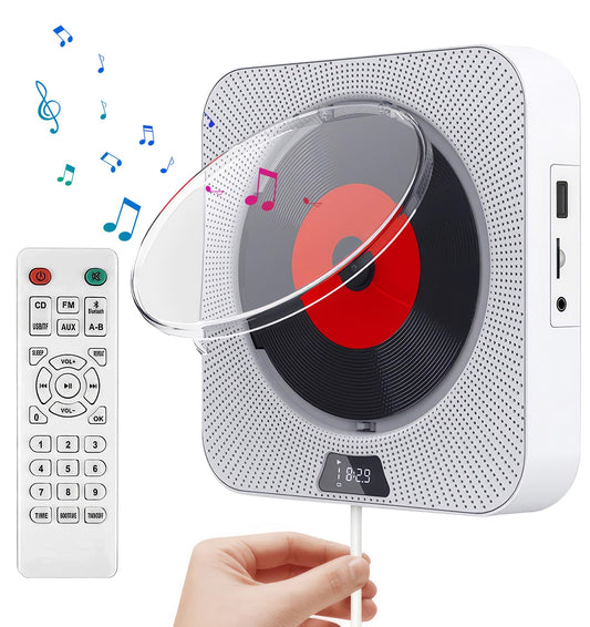 ECYWE Reproductor de CD Portátil Bluetooth,CD Player Montaje en Pared con Control Remoto,Cubierta Contra el Polvo,Pantalla LCD,Altavoces HiFi Integrados,Radio FM,Soporte CD/MP3/USB/AUX, Entrada Salida