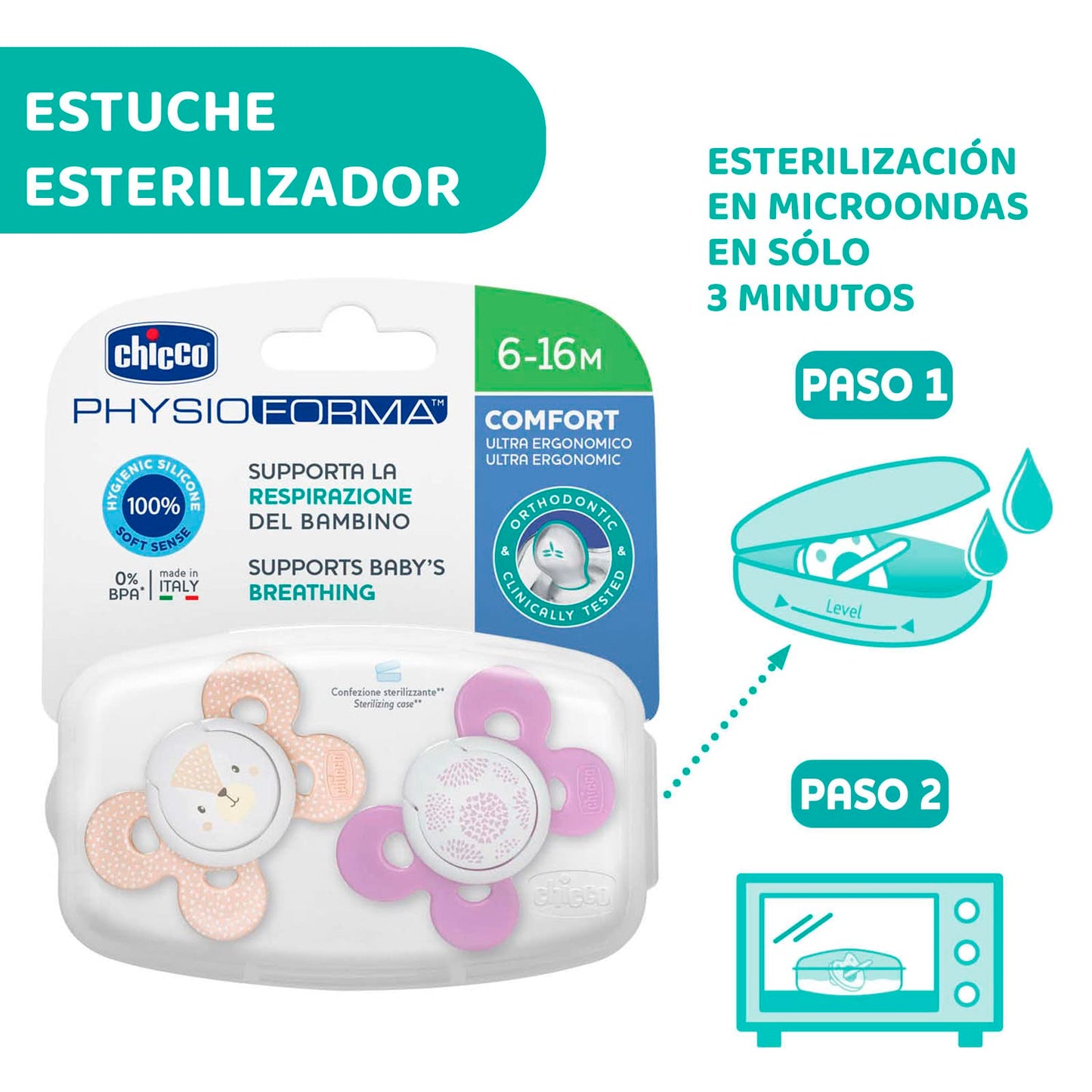 CHICCO, Set de Chupón para Bebé PhysioForma Comfort, 6 a 16 meses, Color Rosa