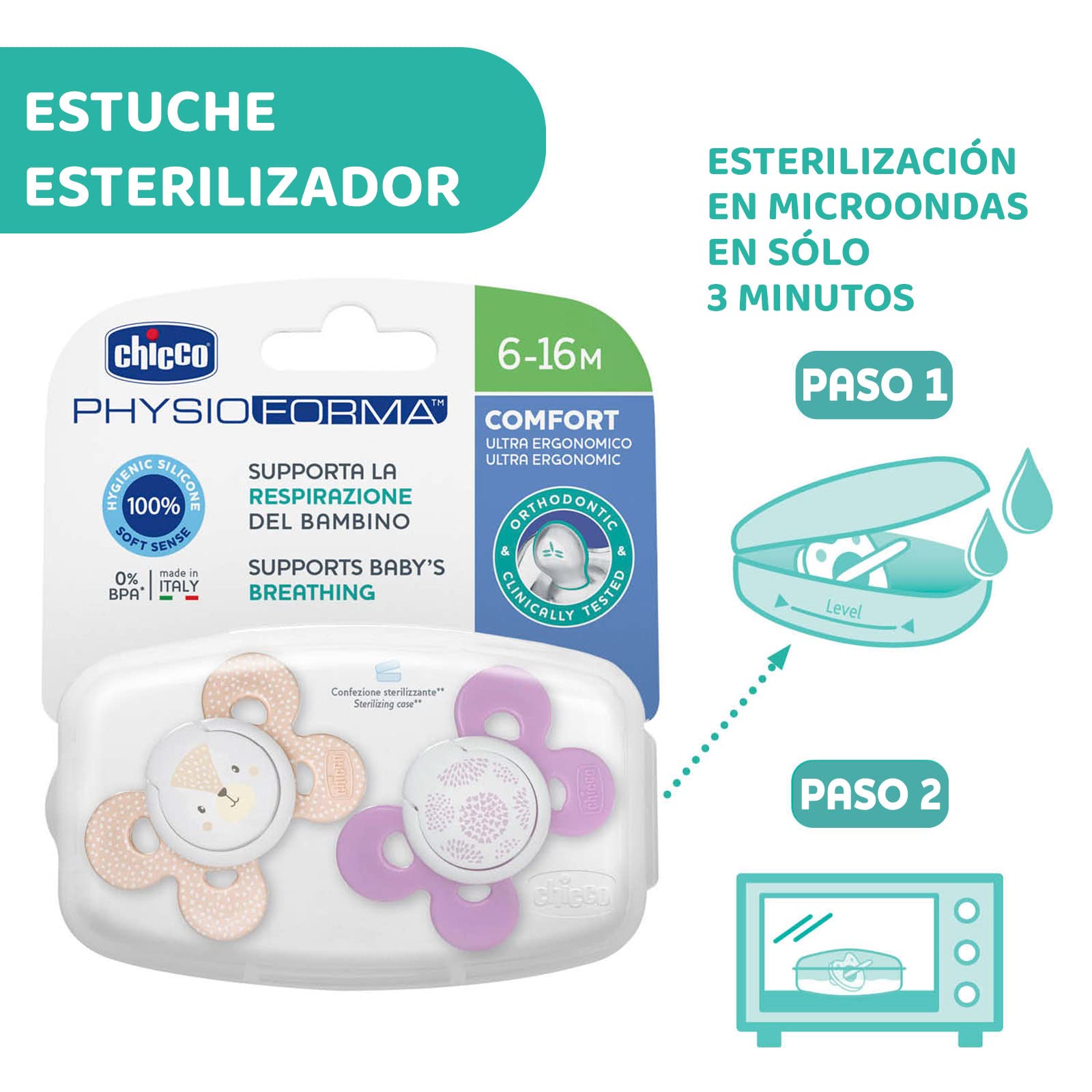 CHICCO, Set de Chupón para Bebé PhysioForma Comfort, 6 a 16 meses, Color Rosa