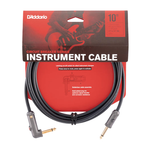 D'Addario Guitar Cable - Guitar Lead - Circuit Breaker Cable - Latching Cut-Off Switch to Mute When Changing Instrument - 10 Feet/3.05 Meters - Straight Ends/Right Angle - 1 Pack