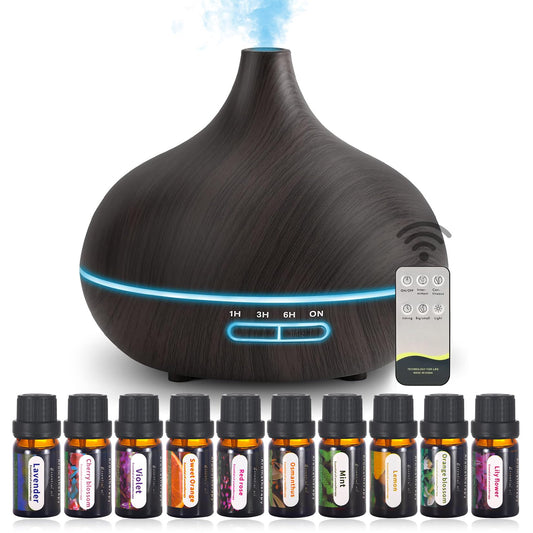 Difusor de Aceites Esenciales: Humidificador de Aire (550 ml), Difusor de Aromas con 7 Colores - Temporizador Control Remoto, para Casa Y Oficina (con 10 Botellas de Aceites Esenciales)