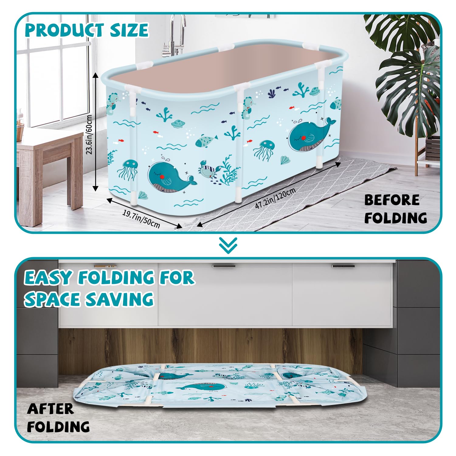 Bañera plegable portátil, bañera plegable para adultos, bañeras independientes, bañera de hidromasaje, bañera de hielo, baño familiar, SPA, 120 x 50 x 55 cm, peces