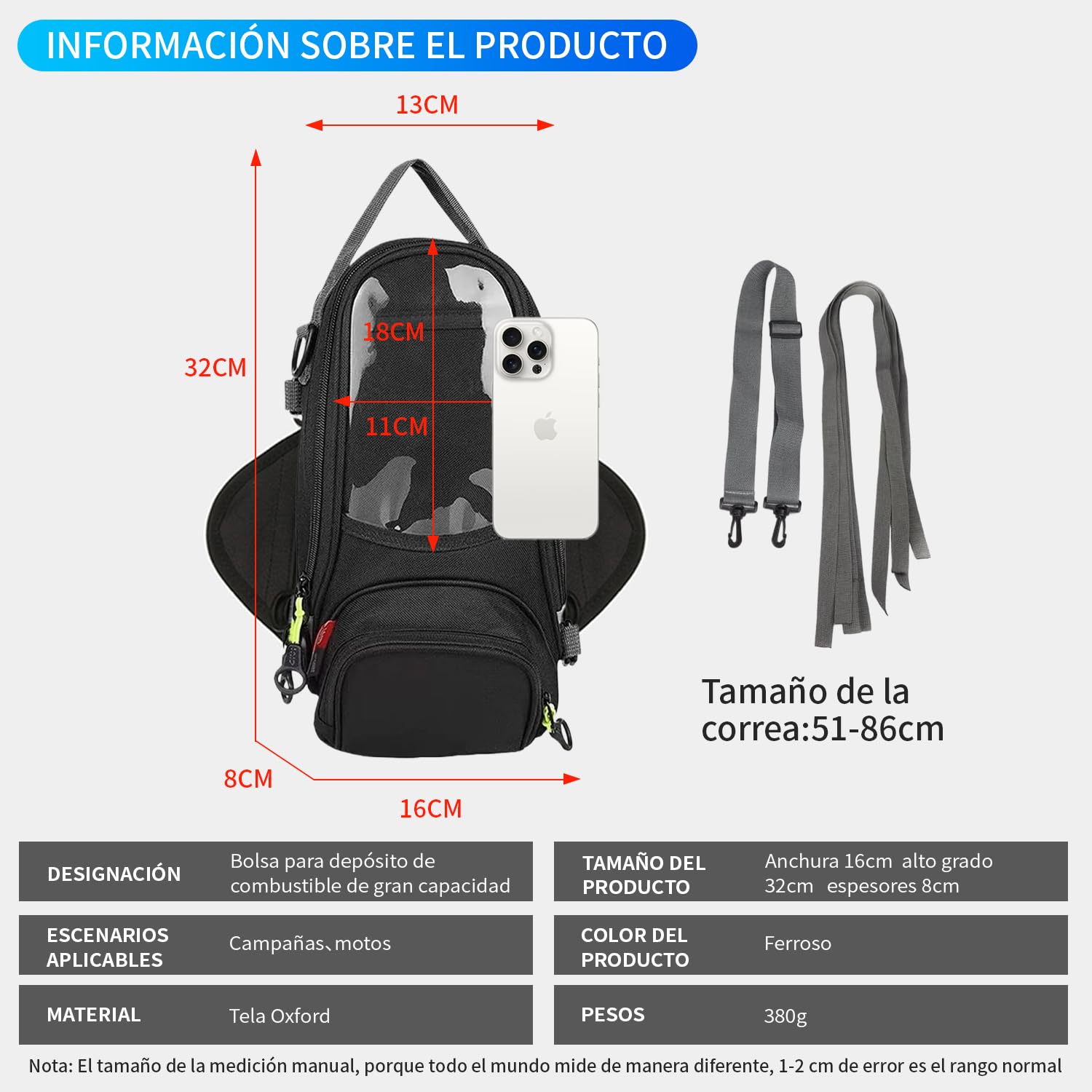 BOBOJIIIER Bolsa Universal para Herramientas en el Tanque de Motocicleta, Bolso Correas O Imán Para Tanque De Motocicleta, Color Negro