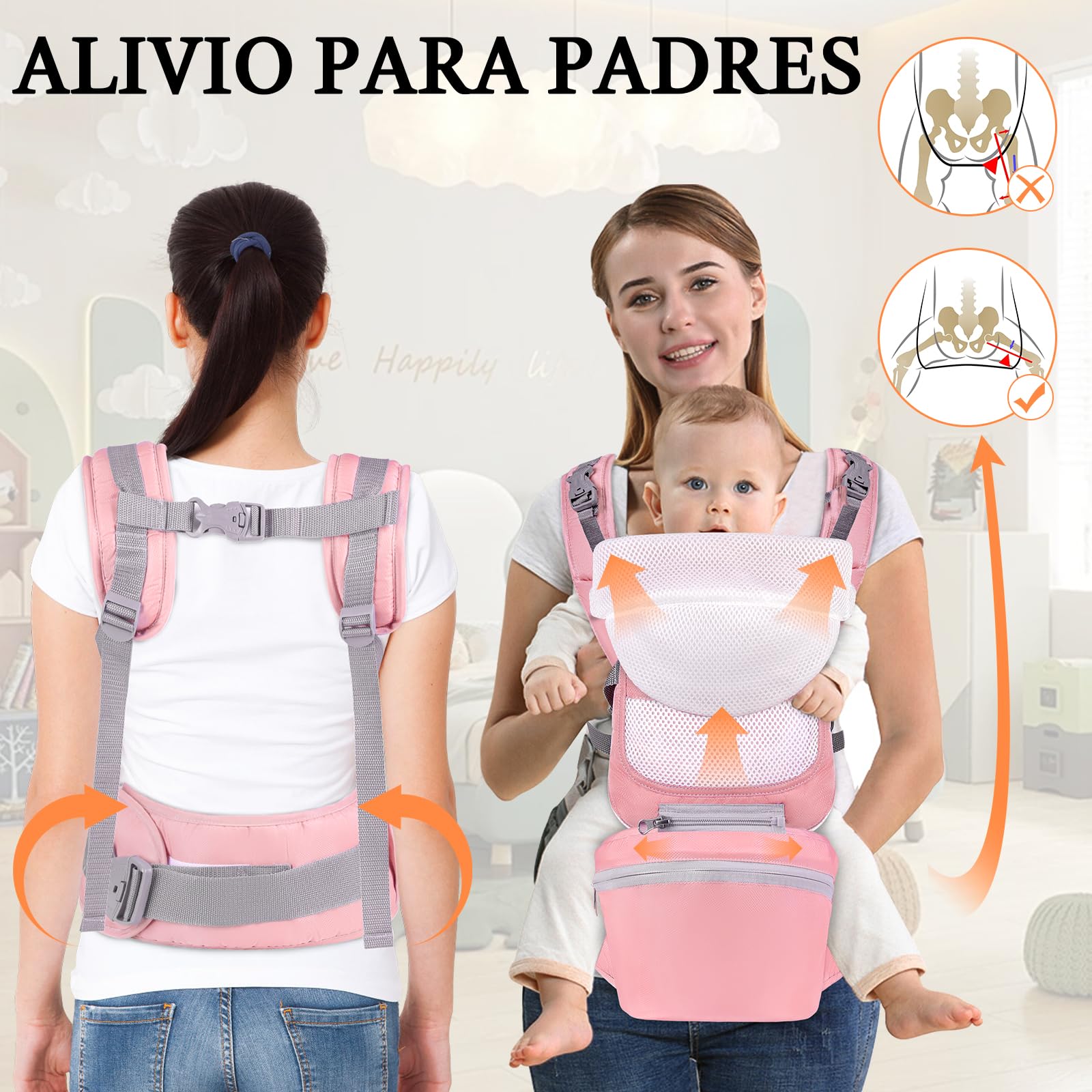 Portabebés Fular Cangurera Asiento de Cadera Ergonomico Ligero y Ajustable Rosa para Bebé de 0 a 36 Meses