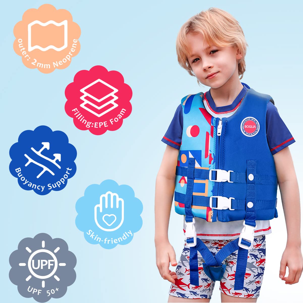 Boglia - Chaleco de natación para niños y niñas, traje de baño flotante con correa de seguridad ajustable para niños de 2 a 9 años/22 a 50 libras