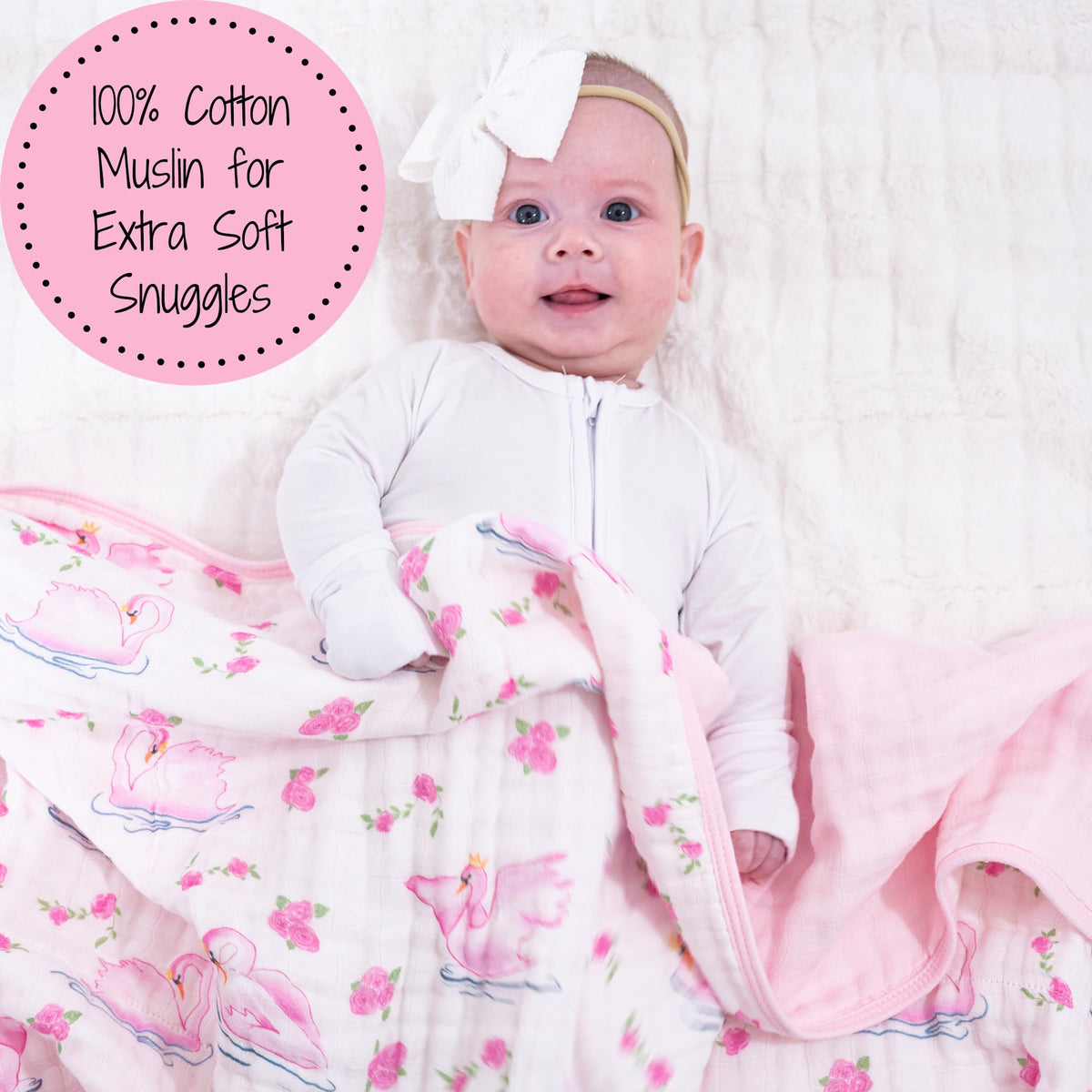 LollyBanks - Colcha de muselina para bebé, 6 capas, 100% algodón, 47 x 47 pulgadas, suave, ligera y transpirable para bebés y niños, manta acogedora para cuna para niñas, registro (estampado de cisne)