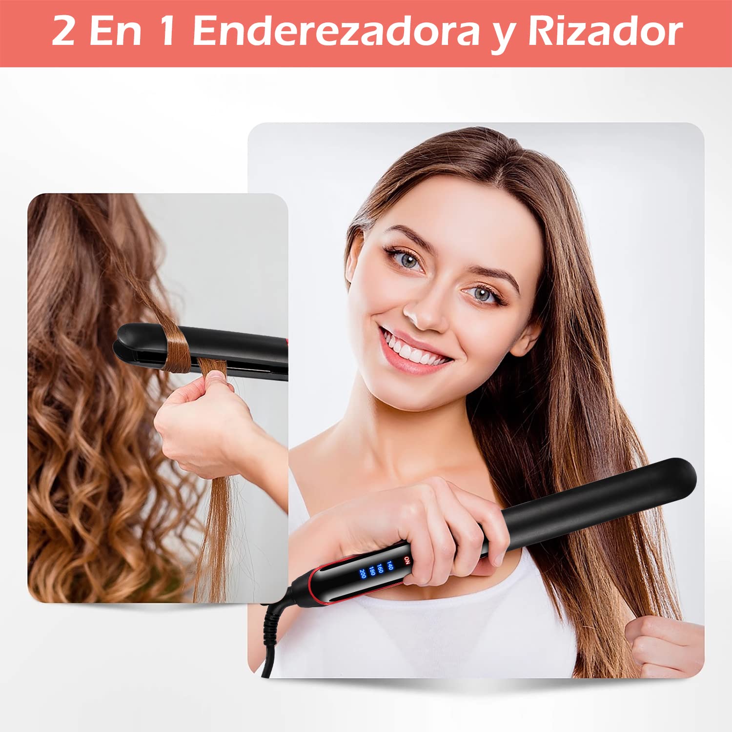 Plancha de Cabello Cerâmica| 2 En 1 Plancha de Pelo de Profesional | Rizador y Alisador con Pantalla LED | 4 Temperatura Ajustable | con 1 Guante | Alisador de Pelo para Casa y Salón | Hair Straightener | Herramientas de Cabello para Mujeres | Negro