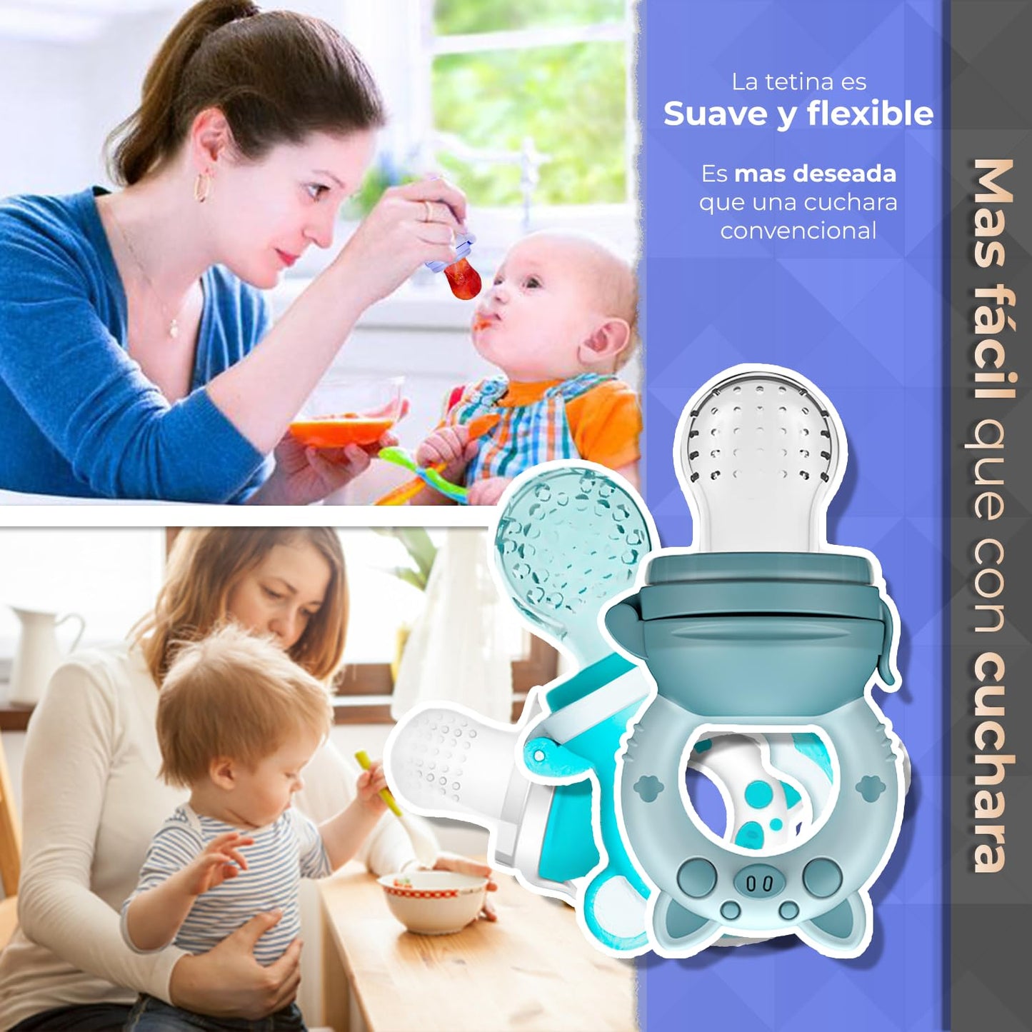 Chupón Para Fruta Y Papilla Sweet Baby Azul Blanco Celeste con Seguro Y Tapa Dibujos Animados, Libre de BPA