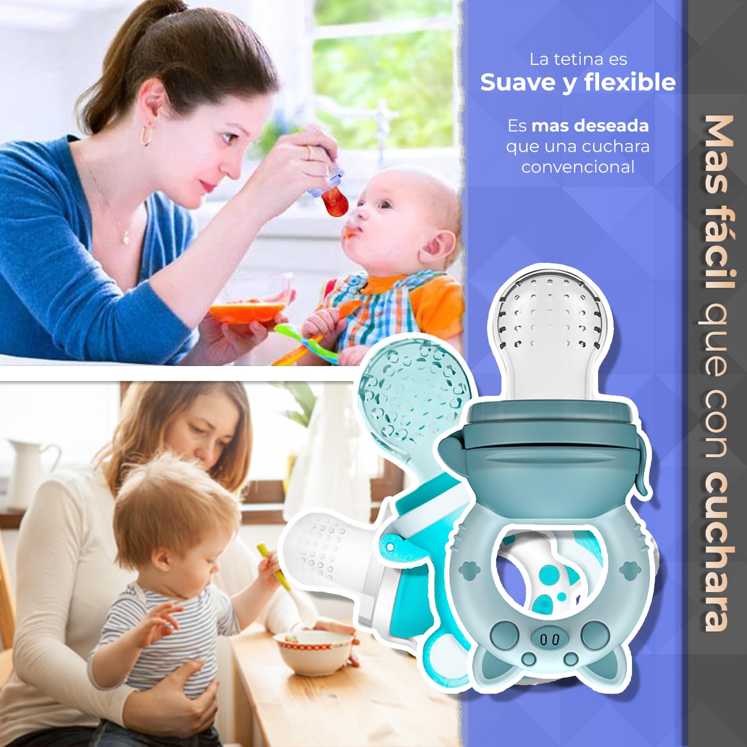 Chupón Para Fruta Y Papilla Sweet Baby Azul Blanco Celeste con Seguro Y Tapa Dibujos Animados, Libre de BPA