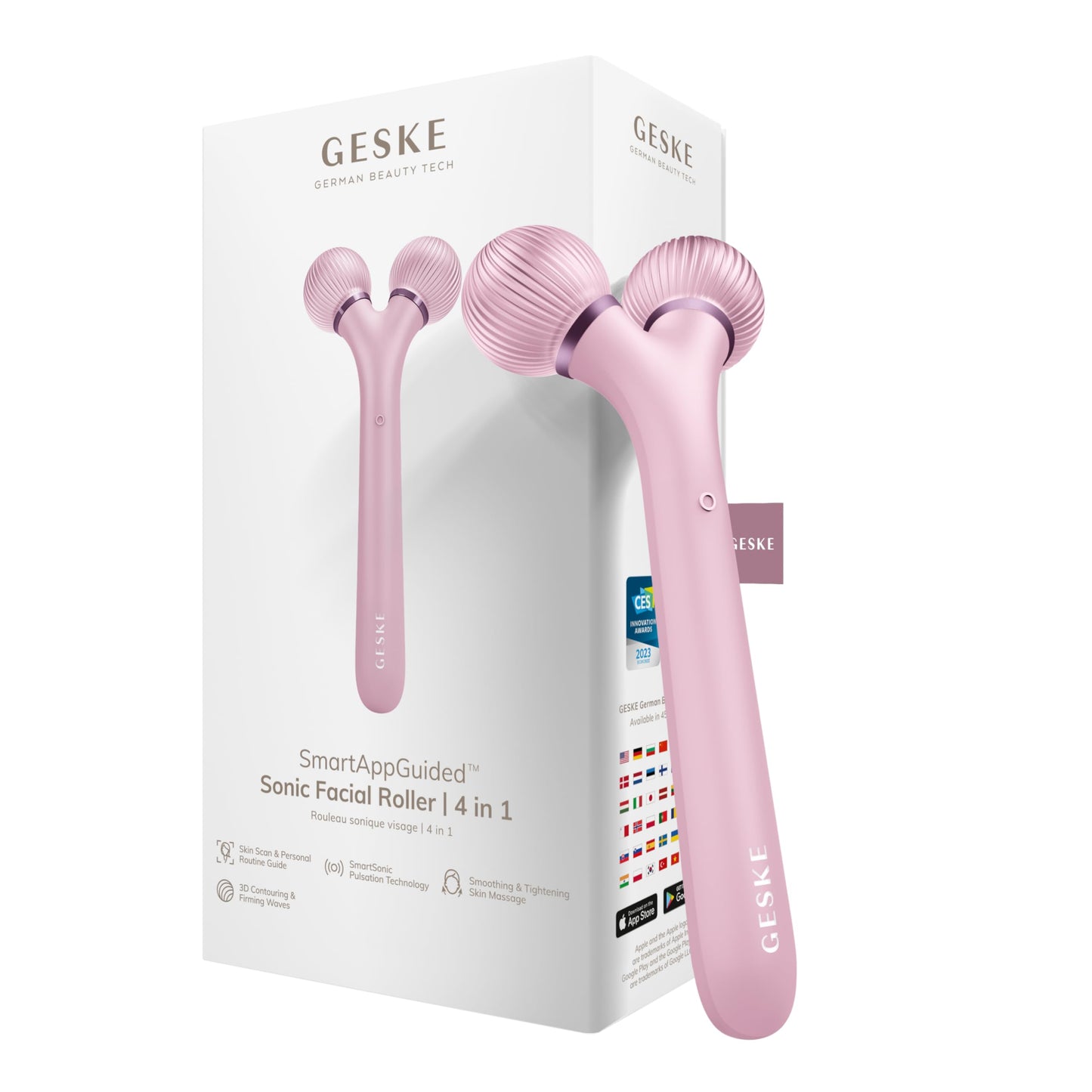 GESKE | Rodillo facial sónico SmartAppGuided™ | 4 en 1 | rodillo derma | dispositivo para la cara | rodillo derma | Rodillo facial profesional | Reafirma y define la piel del rostro