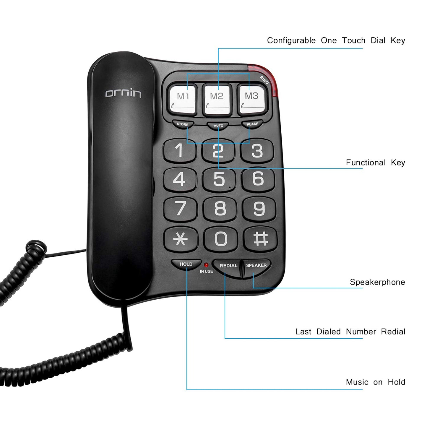 Ornin S016+ - Teléfono con cable de botón grande con altavoz, teléfono de computadora (negro)