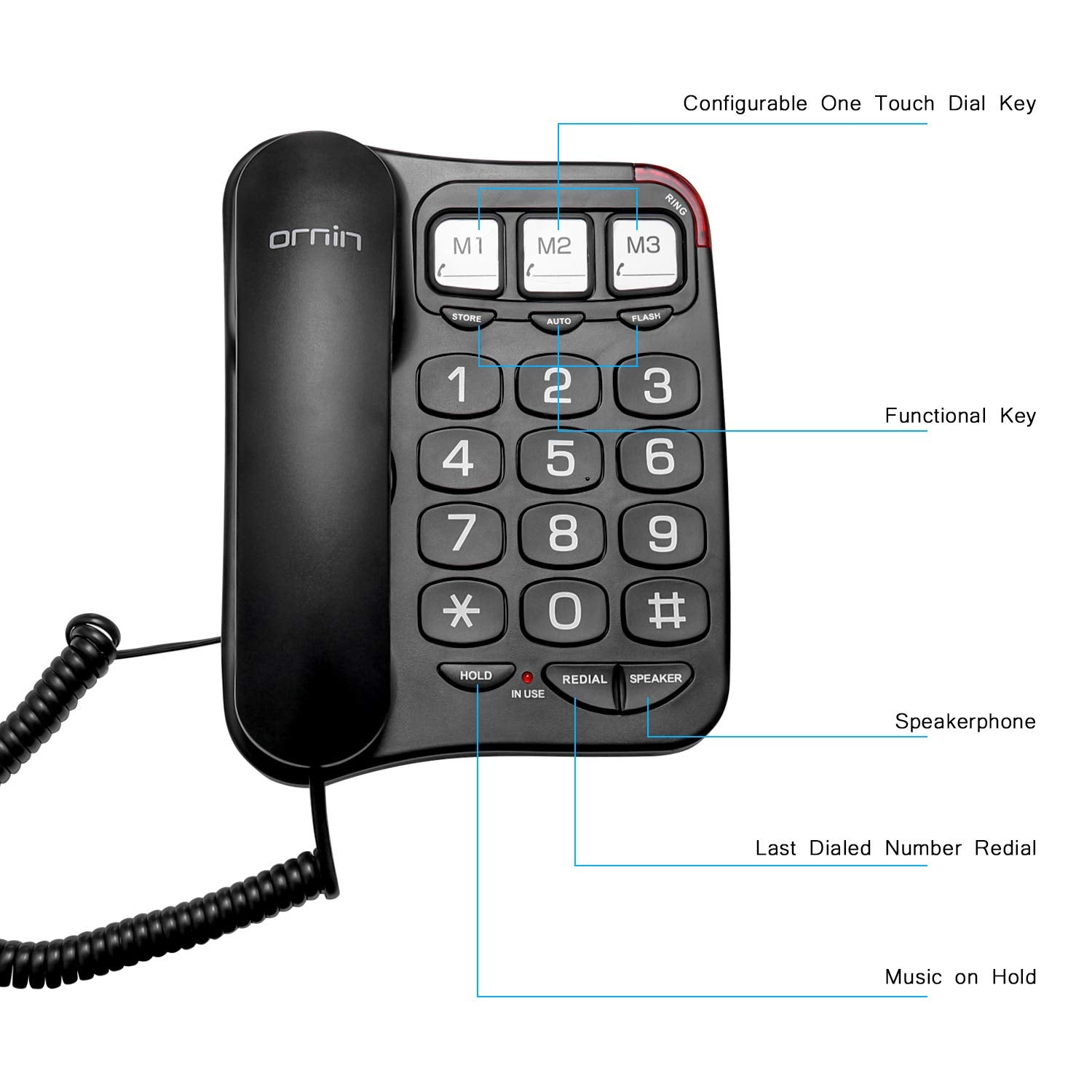 Ornin S016+ - Teléfono con cable de botón grande con altavoz, teléfono de computadora (negro)