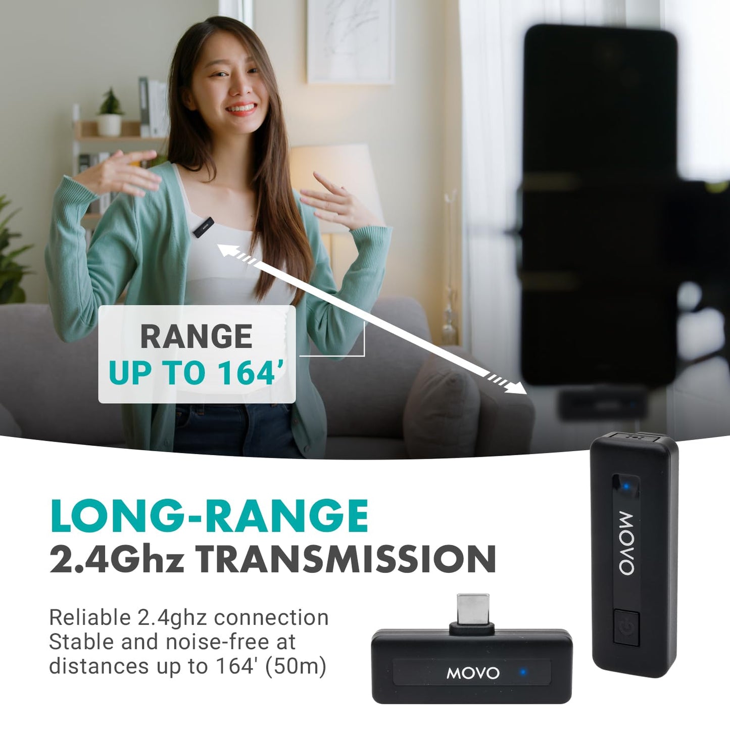 Micrófono Inalámbrico USB-C Movo Negro con Batería de 10 Horas y Alcance de 165 Pies Compatible con iPhone 15/16 Pro Max