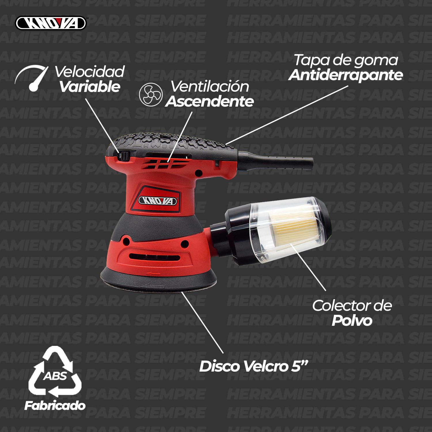 Knova Lijadora orbital de mano para madera 5" 320W 125mm 13500 RPM c/colector de polvo