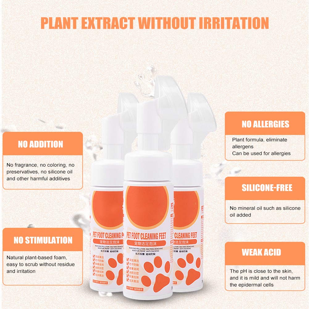 AYNEFY Espuma de Limpieza de Pies para Mascotas, 150 Ml Cuidado Suave de Limpieza de Pies para Mascotas Champú Seco Sin Enjuague Limpiador de Patas Sin Agua con Cepillo Limpiador de