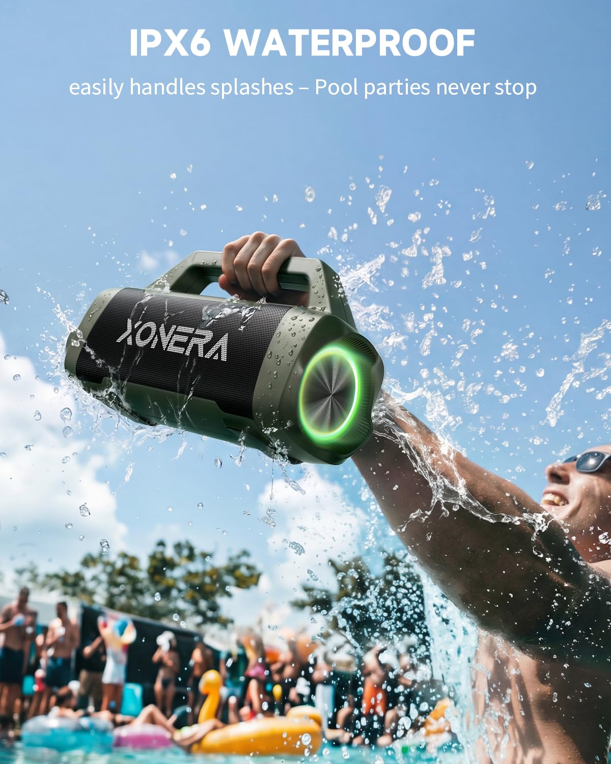 Xonera - Altavoces Bluetooth inalámbricos, altavoz de 80 W pico alto para exteriores con graves, tiempo de reproducción de 20 horas, IPX6 impermeable, TWS, BT5.3, portátil para camping, senderismo