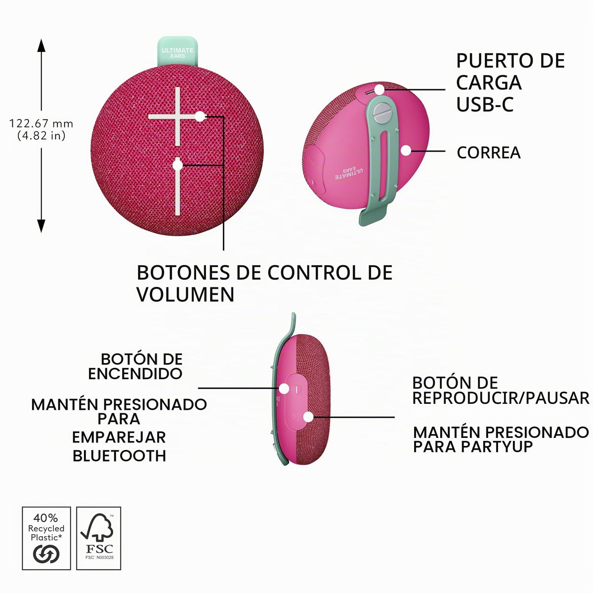 Altavoz Bluetooth Ultraportátil Ultimate Ears Rosa Suave con Graves Grandes y Impermeable IP67