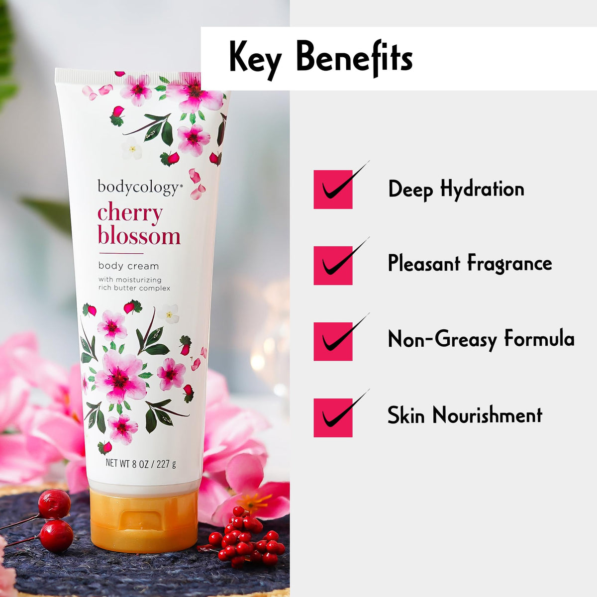 Bodycology Cherry Blossom Moisturizing Body Cream para Mujer, 8 Oz/227 gr