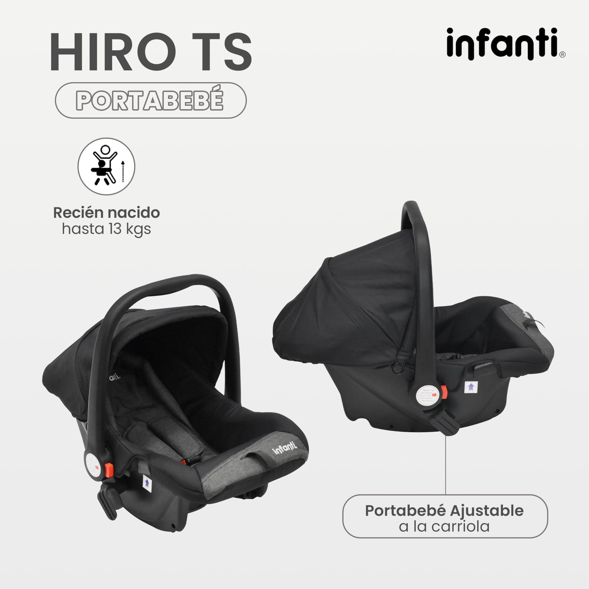 INFANTI | Carriola para Bebe HIRO TS | Carriola de Viaje y Portabebe | Travel System - Cosas para Bebes hasta 22kg | Asiento para Bebé - Autoasientos para Bebe Ligera con Arnés de Seguridad (Black)