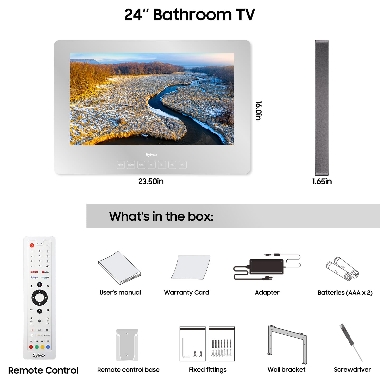 Televisor de Baño Sylvox 24 Pulgadas 1080P Smart Mirror con Sistema Google NTSC y ATSC, WiFi Bluetooth, Alto Brillo 500 Nits, IP66 Impermeable