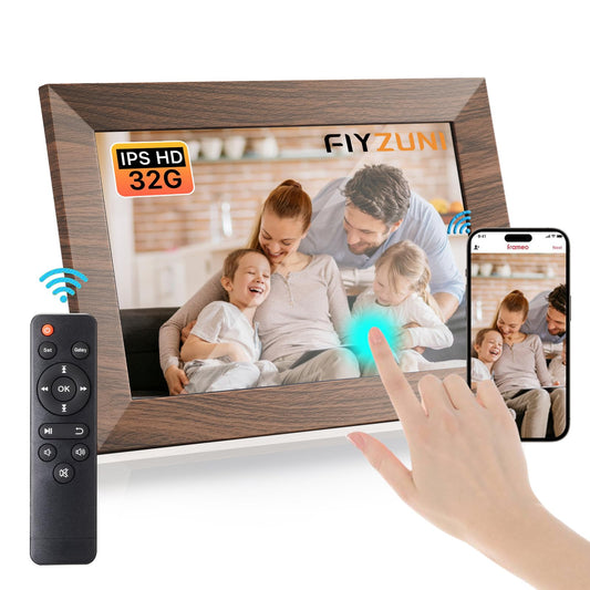 Flyzuni Marco de fotos digital de 10.1 pulgadas con almacenamiento de 32 GB, marco de fotos digital WiFi, visualización táctil IPS de 1280 x 800, rotación automática, montaje en pared, compartir