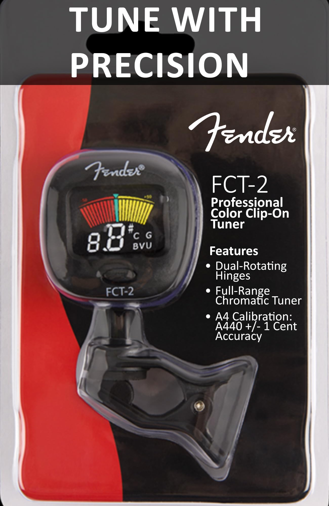 Fender FT-2 Pro Clip On Sintonizador con visualización en color para Guitarra Acústica, Guitarra eléctrica, ukelele, mandolina, violín,, Viola, Cello, mandola, de graves y Banjo