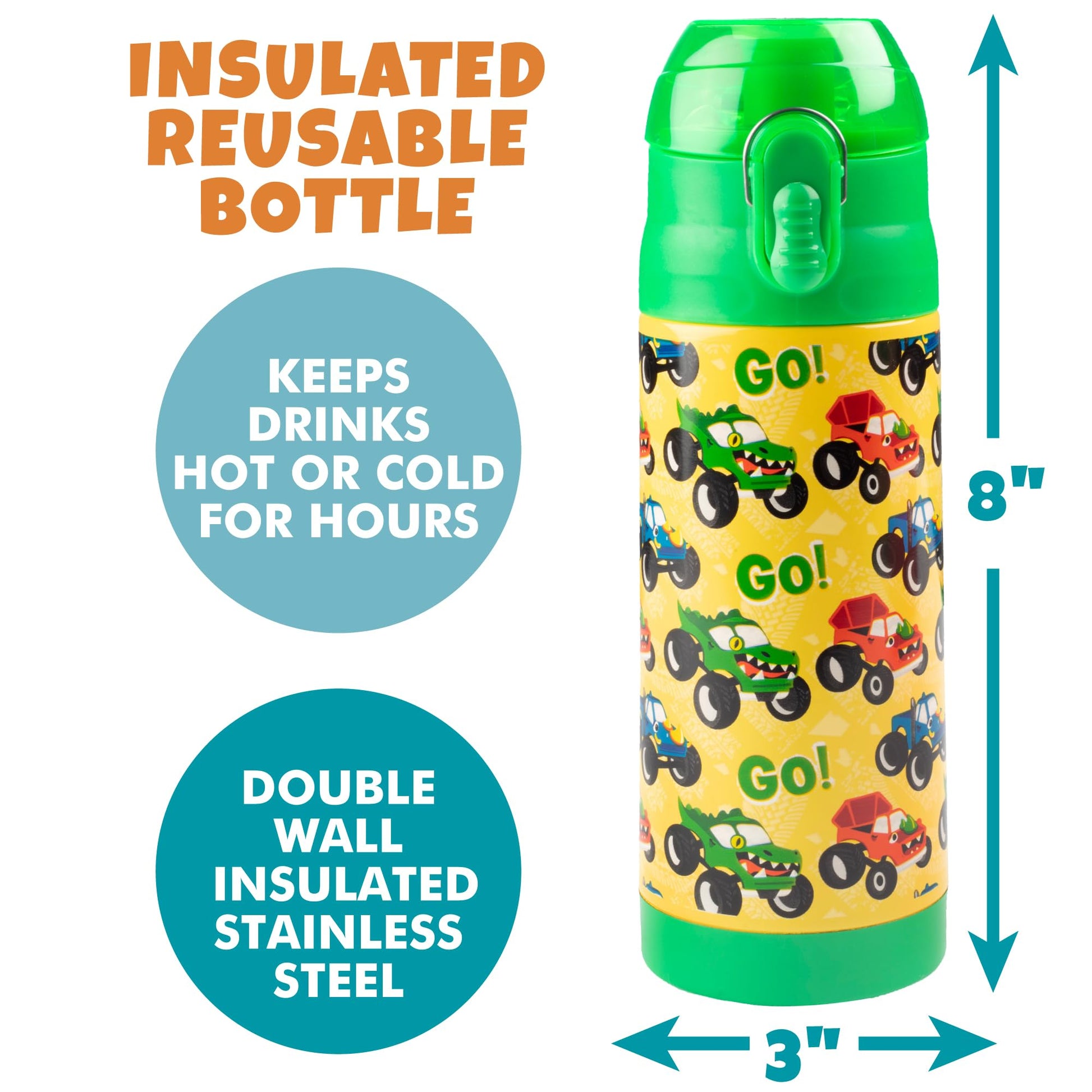 Bentology - Botella de agua reutilizable de acero inoxidable de 13 onzas para niños, con aislamiento de doble pared, tapa a prueba de derrames con líquidos integrados para mantener calientes o fríos