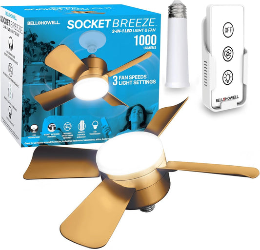 Bell + Howell - Ventilador de techo con socket, con luces led y control remoto, repuesto de foco, para dormitorio, cocina, sala, 1000 lúmenes, 5000 Kelvins, bronce