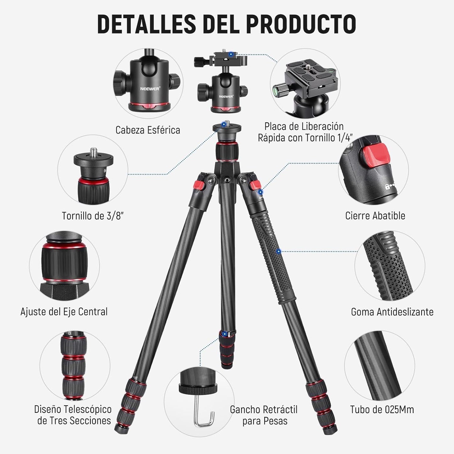 Trípode Monopie Neewer Negro Ligero con Rótula Giratoria 360° y Nivel de Burbuja 168cm para Cámara