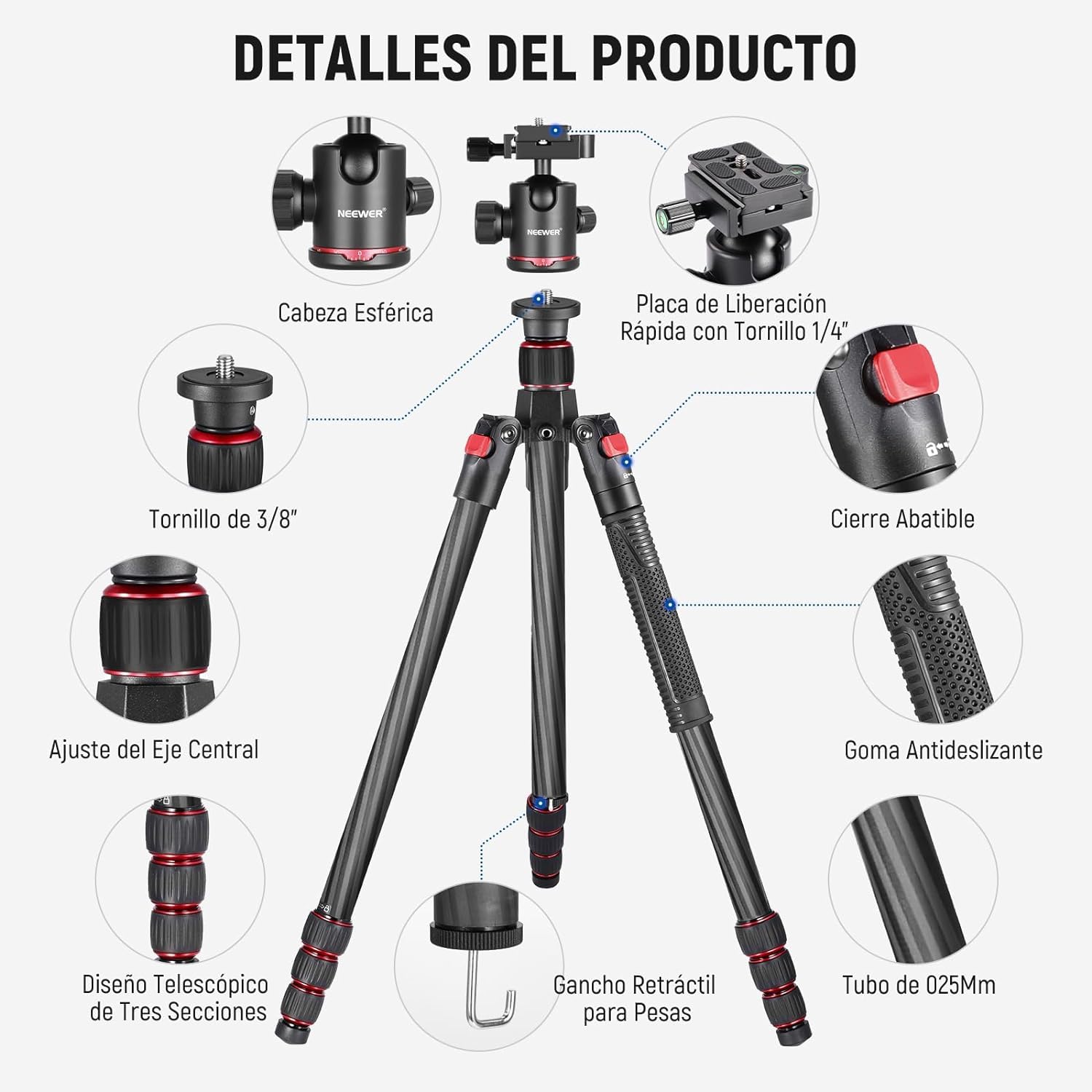 Trípode Monopie Neewer Negro Ligero con Rótula Giratoria 360° y Nivel de Burbuja 168cm para Cámara