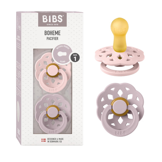 BIBS Chupones Boheme Pack de 2, Tetina redonda de látex natural, Talle 1, Color Blossom/Dusky Lilac, 0 a 6 meses, Hecho en Dinamarca