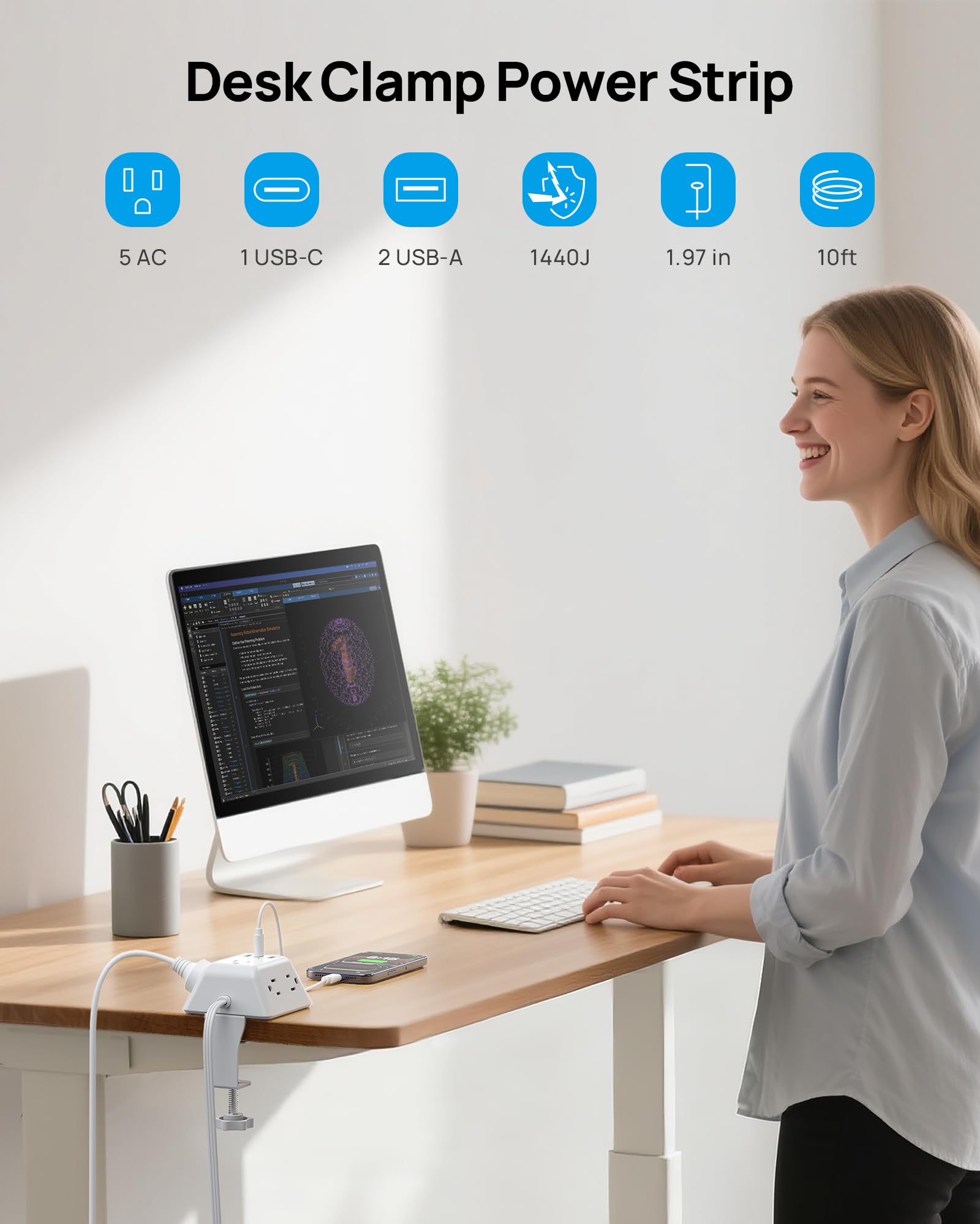 TROND Regleta Multicontacto con Abrazadera 3M, 5 Tomas AC y 3 Puertos USB, Protector de Sobretensión, Montaje en Escritorio, Apto para Mesas de 1.97", Ideal para Hogar, Oficina y Juegos,Blanco