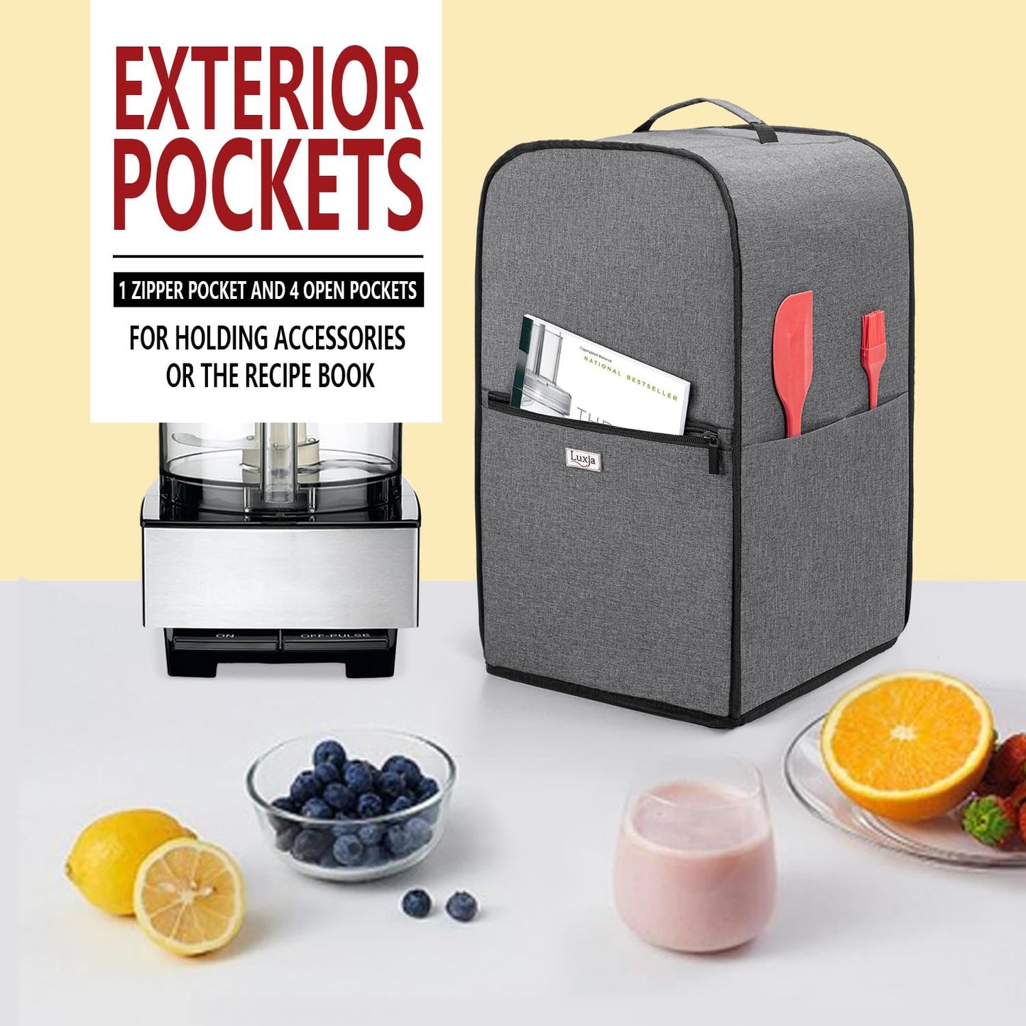 Luxja - Funda para procesador de alimentos compatible con Cuisinart y Hamilton Beach de 11 a 14 tazas, cubierta para el polvo del procesador de alimentos con bolsillos de accesorios, color gris