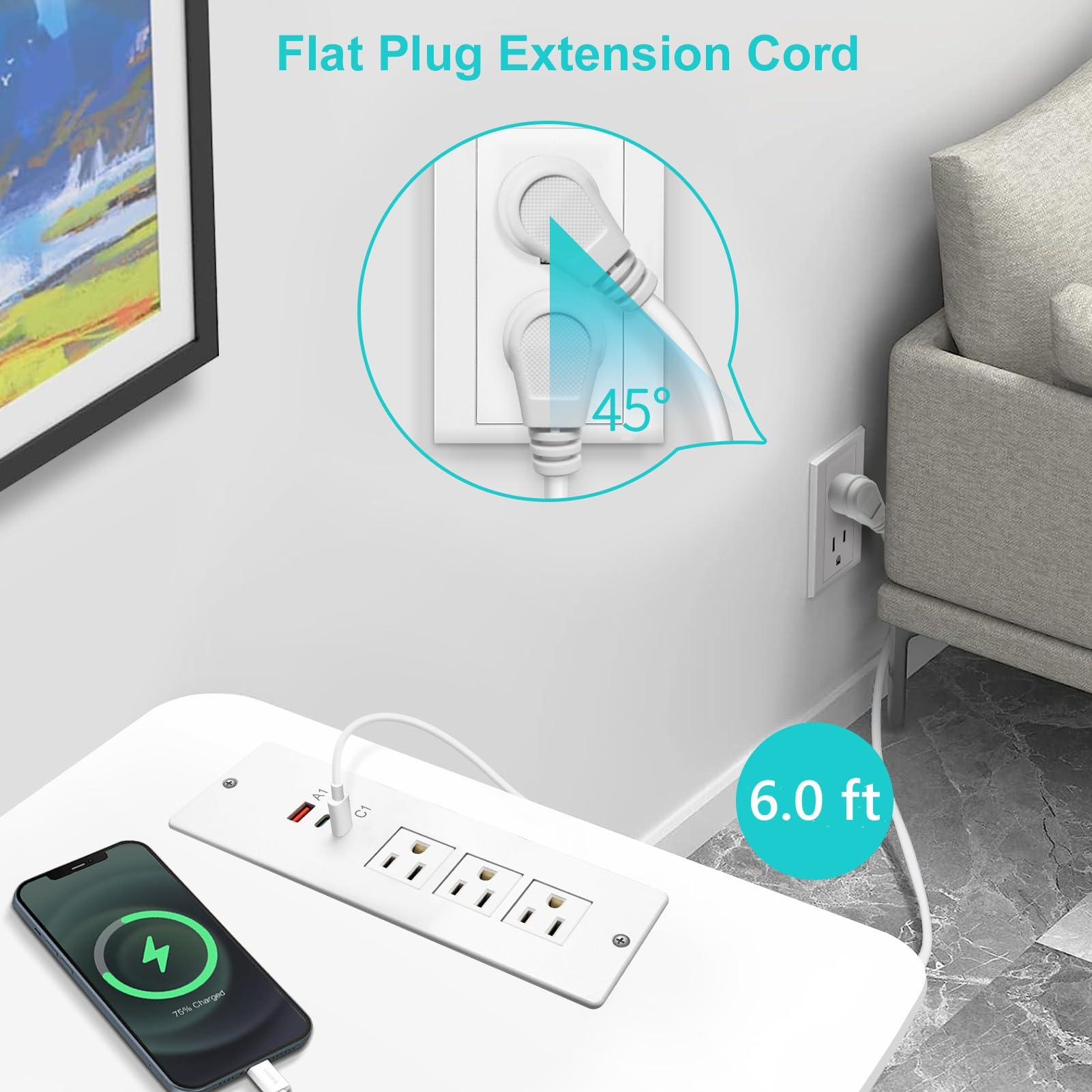 4 LEAF Regleta de Enchufes Empotrada USB C 65W,Enchufe de Escritorio Empotrable 3 Tomas 3 USB (PD 65W& QC60W,) Cable de Alimentación de 2 Metros Enchufe Plano de Carga Rápida Empotrable para Muebles