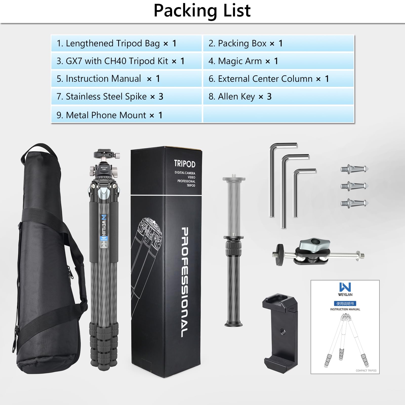 Trípode Profesional Weyllan Fibra de Carbono 81 Pulgadas Cabeza de Bola Bajo Perfil para Cámara Canon Nikon Sony